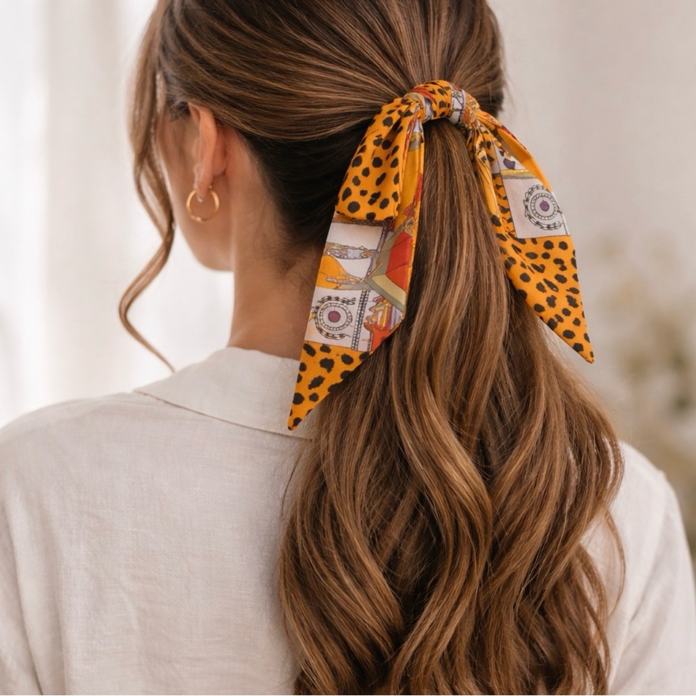 ORANGE LEOPARD CHEETAH PRINT SKINNY SCARF BAG HANDLE WRAP TIE PURSE HAIR RIBBON - Picture 4 of 11